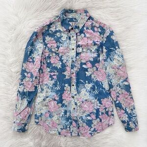 Guess Vintage Pink Floral Button Front Western Lightweight Chambray Top Shirt